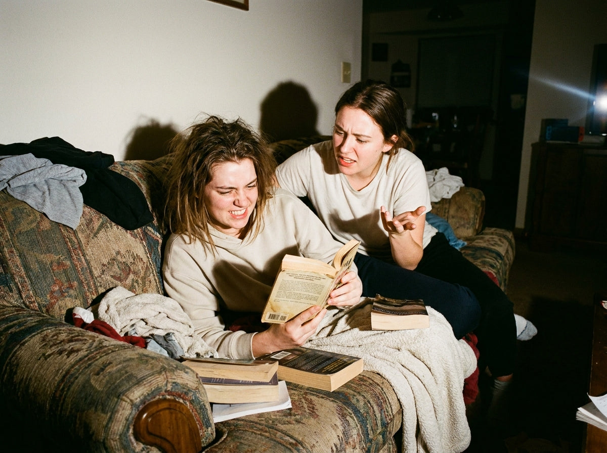 Two friends on a couch at night, one reading aloud while the other argues with the book