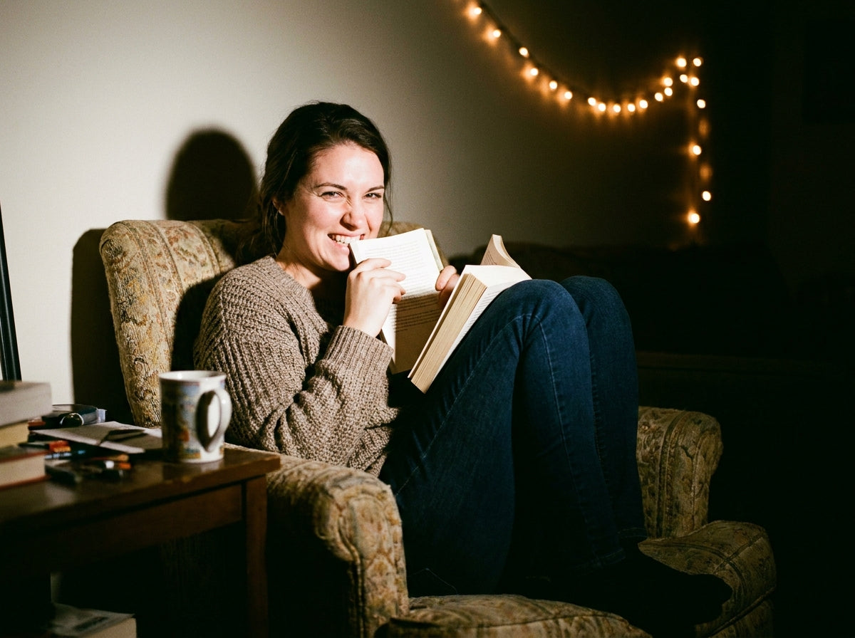 A reader grinning behind her book in an armchair under fairy lights